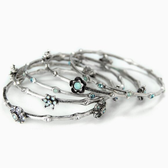 Set Of 5 Silver Retro Bangle Bracelets - Picture 1 of 4